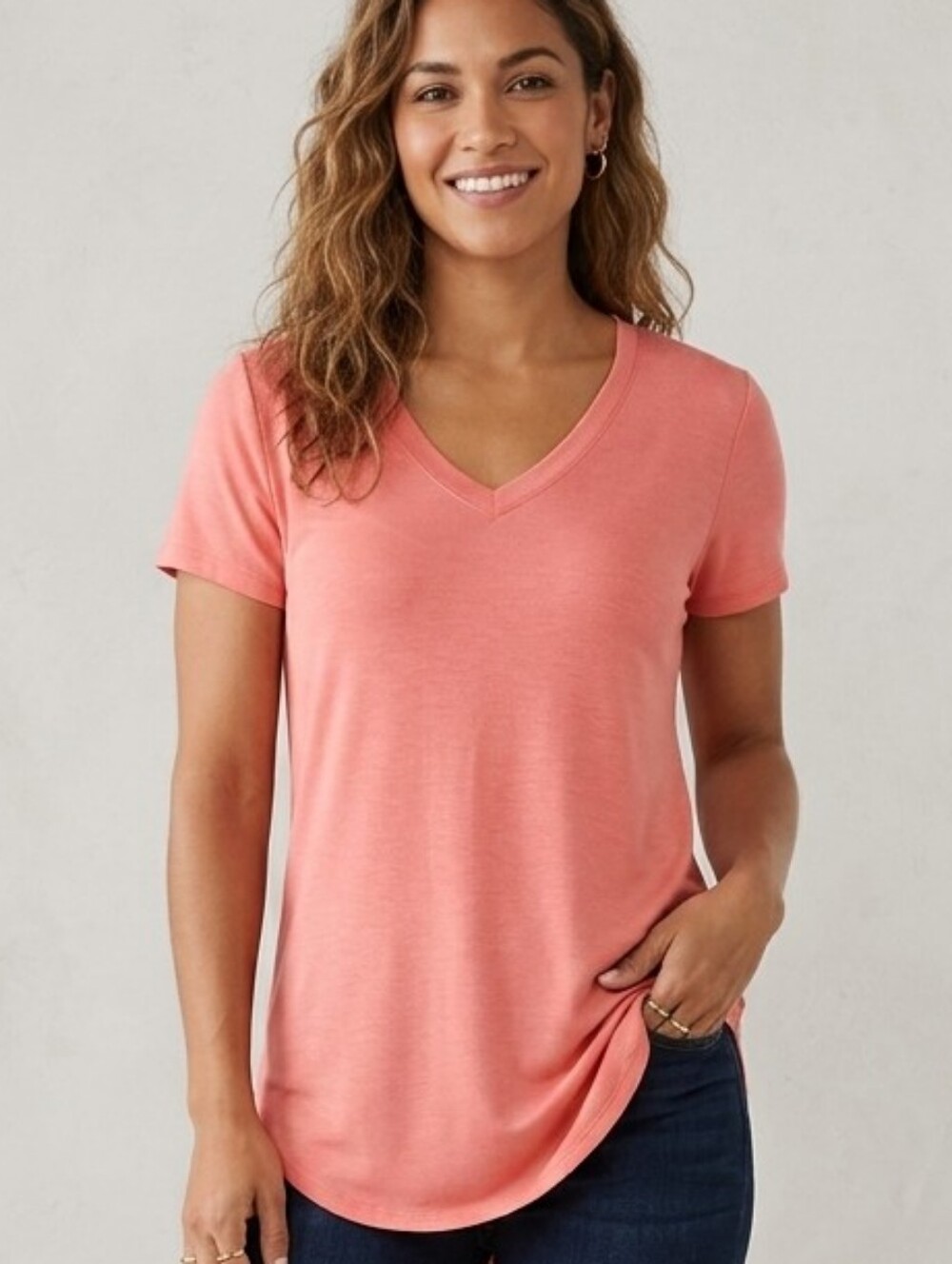 Zenana Premium Peach Coral V-Neck Short Sleeve Women's Knit Tunic Tee Top Medium